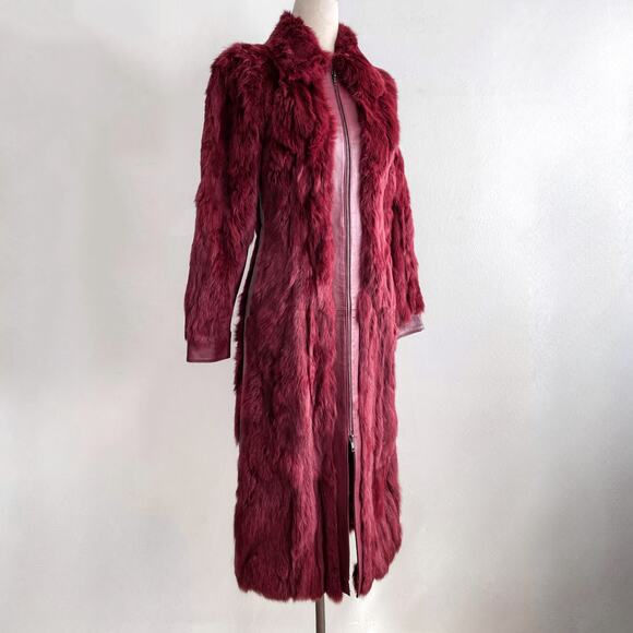 Vintage 70s Genuine Rabbit Fur & Leather Coat Long Jacket Sz M Maroon Burgundy - Picture 5 of 11
